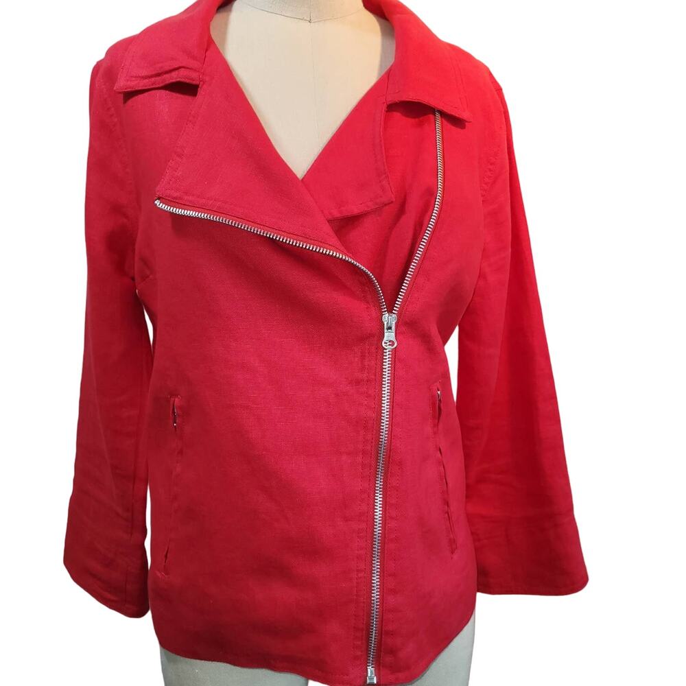 Multiples Linen Moto Jacket S Red Lightweight Statement Casual Chic Transitional